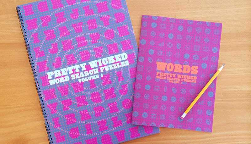 Front cover of Pretty Wicked Word Search Puzzles Volume 1 and the Word List booklet